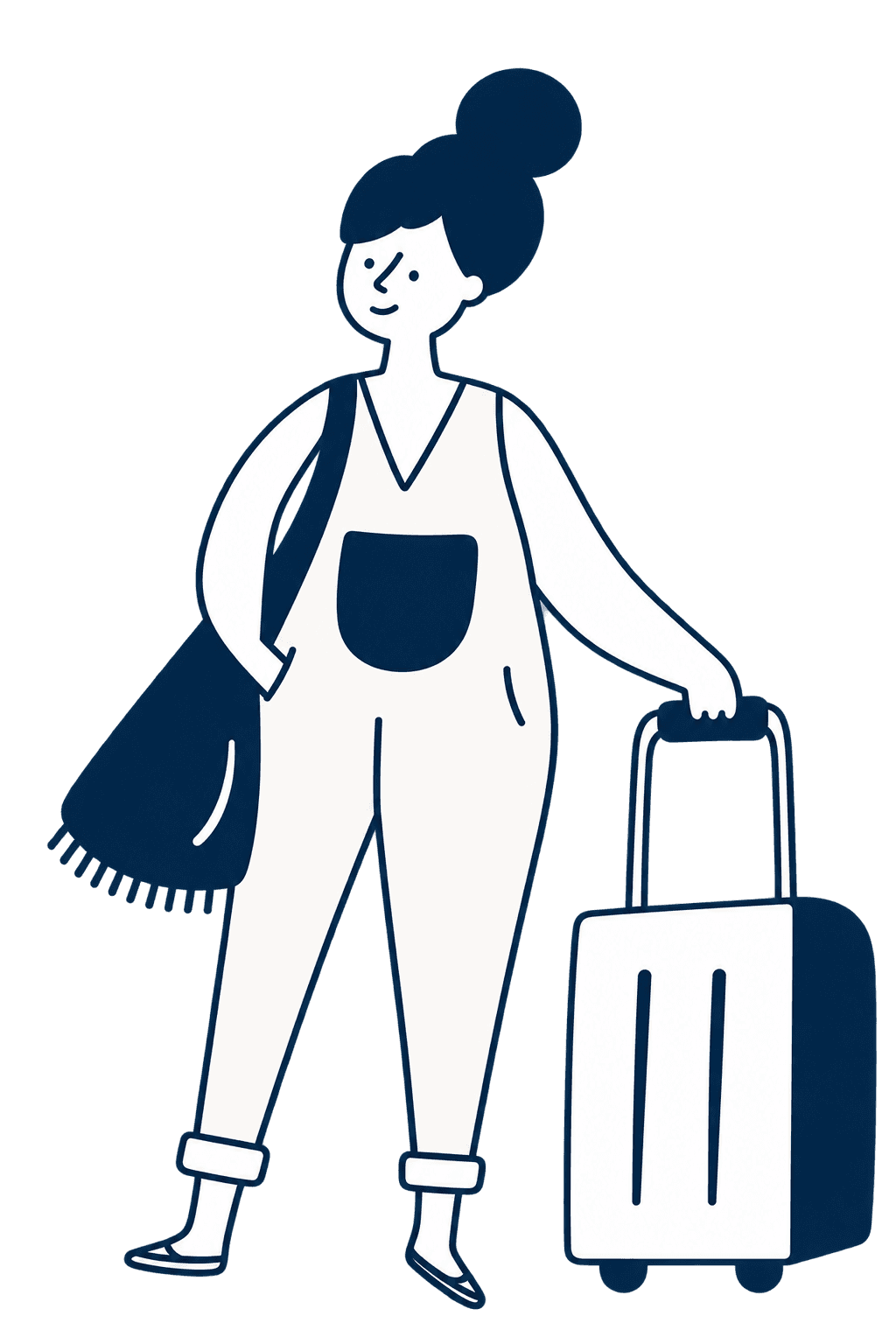 Traveller in navy and white walking with a suitcase